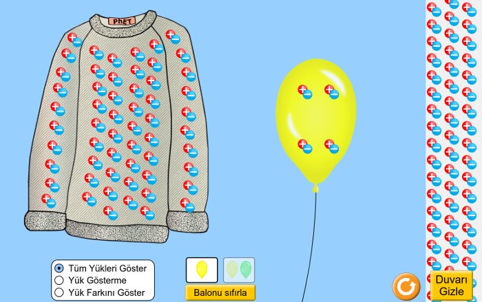 Balon ve statik elektrik PHET Simülasyonu Türkçe önizleme